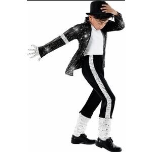 Boys King of the Pop Costume Kids 80s Moonwalking Popstar MJ Black Outfit L